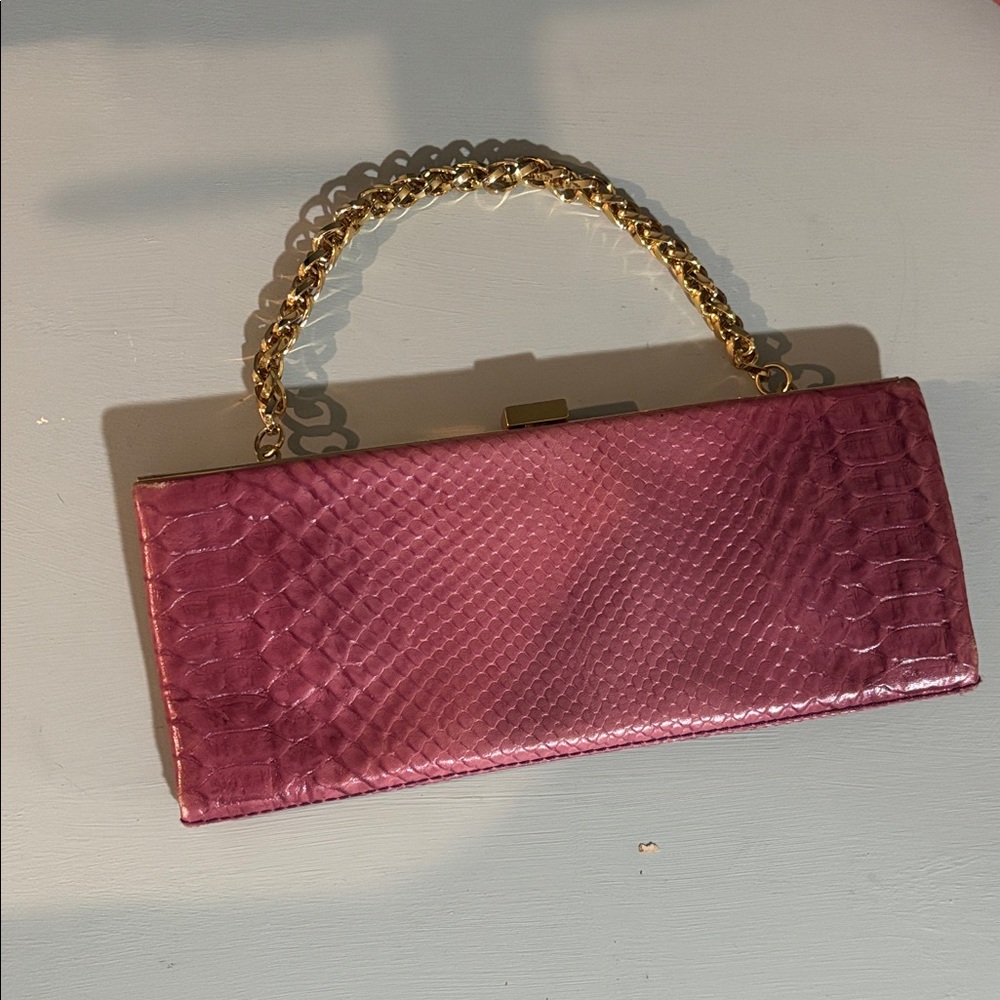 Hype Pink Snakeskin Clutch with Gold Chain